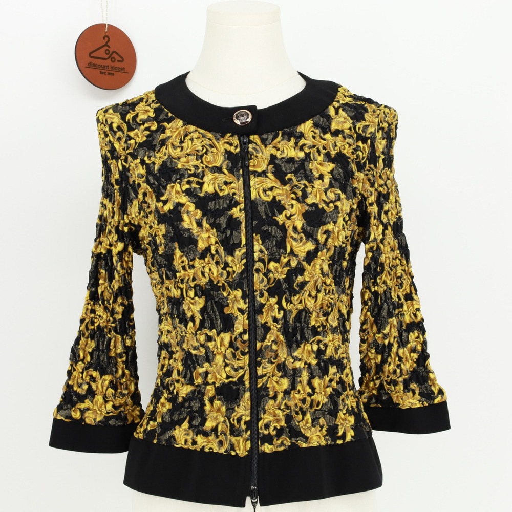 Joseph Ribkoff Gold Black Textured Front Zip Cardigan Size 8 3/4 Sleeves Formal